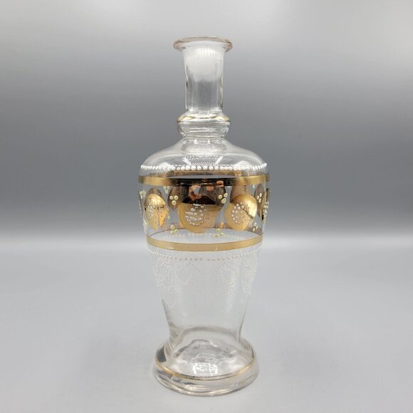 Vintage MCM Clear Decanter White Moriage and Gold Paint Designs - Picture 5 of 10